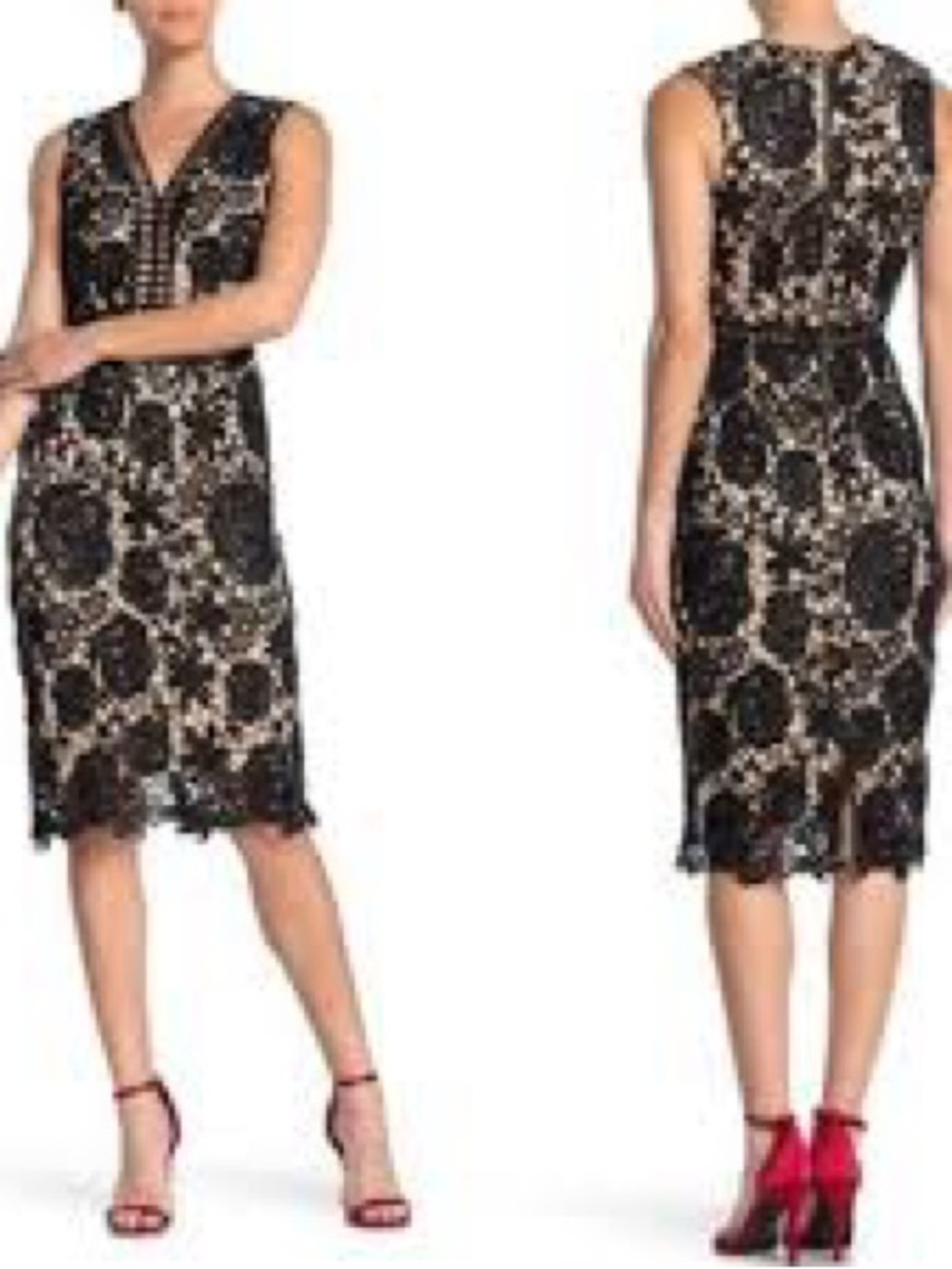 Love By Design Black Lace Overlay Midi Dress with Nude Underlay